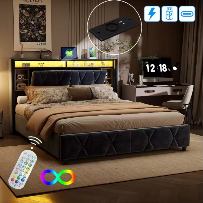 Gestoffeerd Tweepersoonsbed met LED en USB – Opbergbed met Hoofdeinde
