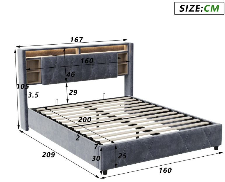 Gestoffeerd Tweepersoonsbed met LED en USB – Opbergbed met Hoofdeinde