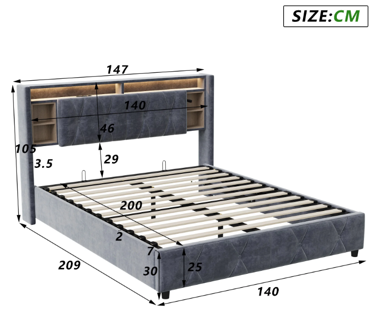 Gestoffeerd Tweepersoonsbed met LED en USB – Opbergbed met Hoofdeinde