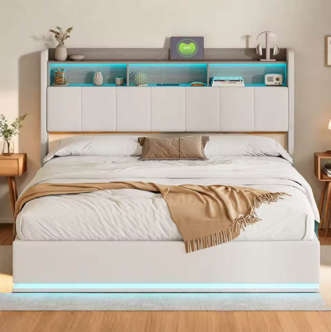 Gestoffeerd Hydraulisch Tweepersoonsbed met LED en Opbergruimte – 140/160 × 200 cm