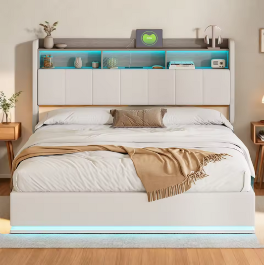 Gestoffeerd Hydraulisch Tweepersoonsbed met LED en Opbergruimte – 140/160 × 200 cm