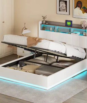 Gestoffeerd Hydraulisch Tweepersoonsbed met LED en Opbergruimte – 140/160 × 200 cm