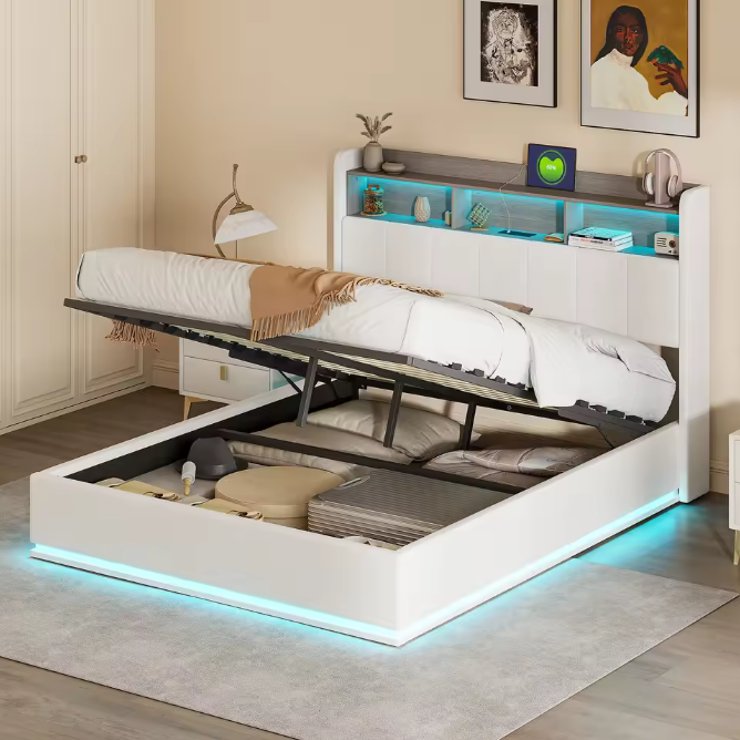 Gestoffeerd Hydraulisch Tweepersoonsbed met LED en Opbergruimte – 140/160 × 200 cm