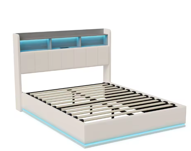 Gestoffeerd Hydraulisch Tweepersoonsbed met LED en Opbergruimte – 140/160 × 200 cm