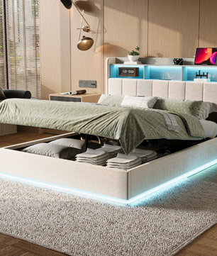 Gestoffeerd Hydraulisch Tweepersoonsbed met LED en Opbergruimte – 140/160 × 200 cm