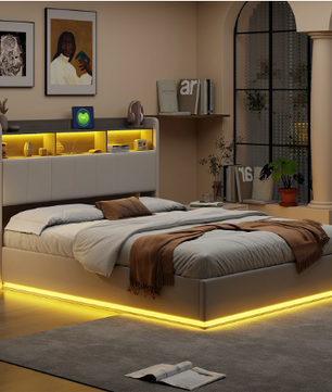 Gestoffeerd Hydraulisch Tweepersoonsbed met LED en Opbergruimte – 140/160 × 200 cm