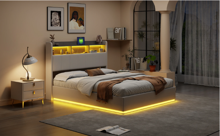 Gestoffeerd Hydraulisch Tweepersoonsbed met LED en Opbergruimte – 140/160 × 200 cm