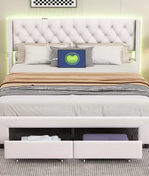 Gestoffeerd Tweepersoonsbed met LED en 2 Opbergladen – Fluwelen Bedframe met Hoofdeinde