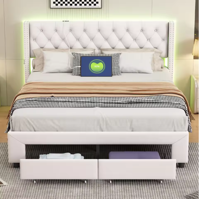 Gestoffeerd Tweepersoonsbed met LED en 2 Opbergladen – Fluwelen Bedframe met Hoofdeinde