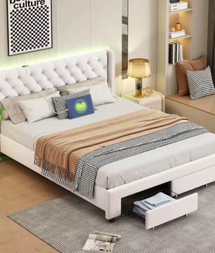 Gestoffeerd Tweepersoonsbed met LED en 2 Opbergladen – Fluwelen Bedframe met Hoofdeinde