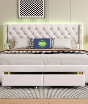 Gestoffeerd Tweepersoonsbed met LED en 2 Opbergladen – Fluwelen Bedframe met Hoofdeinde