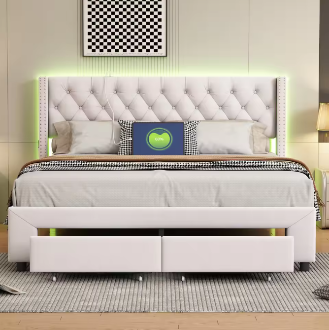Gestoffeerd Tweepersoonsbed met LED en 2 Opbergladen – Fluwelen Bedframe met Hoofdeinde