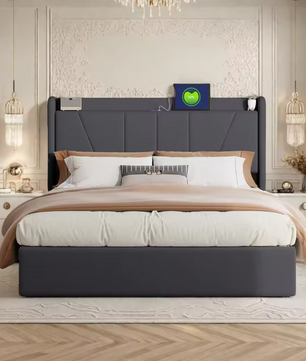 Gestoffeerd Tweepersoonsbed met USB en Hydraulische Opbergruimte – 140/160 × 200 cm