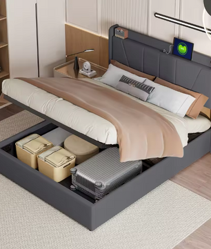 Gestoffeerd Tweepersoonsbed met USB en Hydraulische Opbergruimte – 140/160 × 200 cm