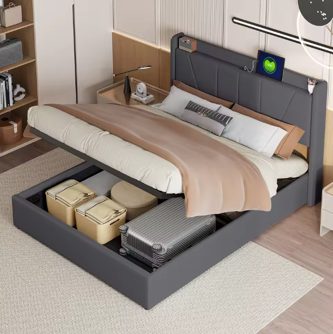 Gestoffeerd Tweepersoonsbed met USB en Hydraulische Opbergruimte – 140/160 × 200 cm