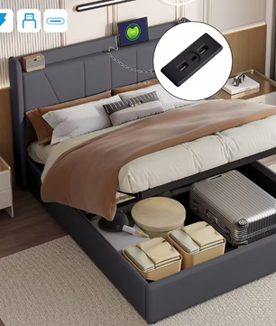 Gestoffeerd Tweepersoonsbed met USB en Hydraulische Opbergruimte – 140/160 × 200 cm