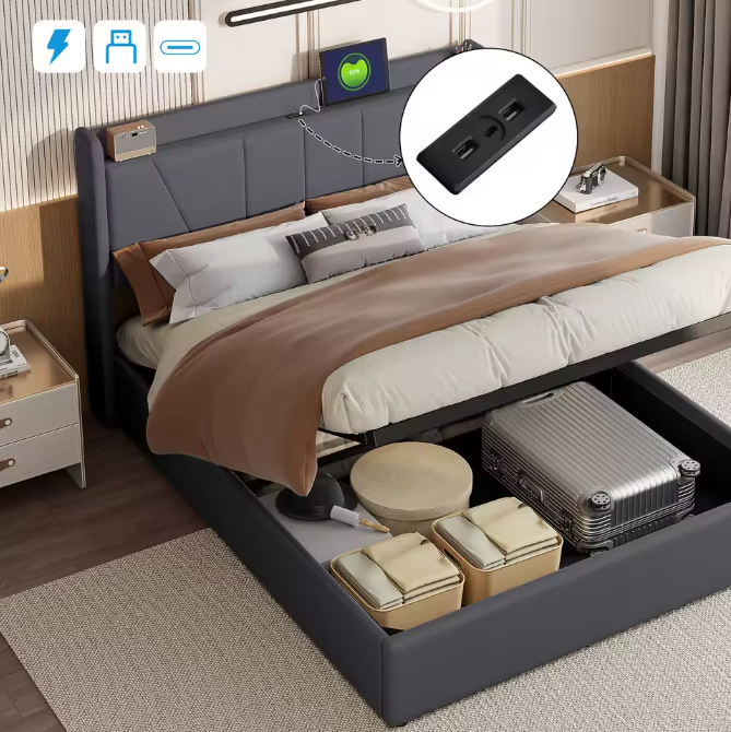 Gestoffeerd Tweepersoonsbed met USB en Hydraulische Opbergruimte – 140/160 × 200 cm