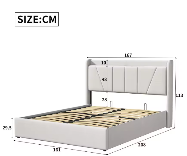 Gestoffeerd Tweepersoonsbed met USB en Hydraulische Opbergruimte – 140/160 × 200 cm