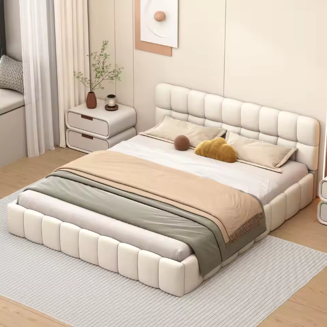 Gestoffeerd Tweepersoonsbed 140x190 cm – Linnen Bedframe met Lattenbodem en Zachte Rugleuning