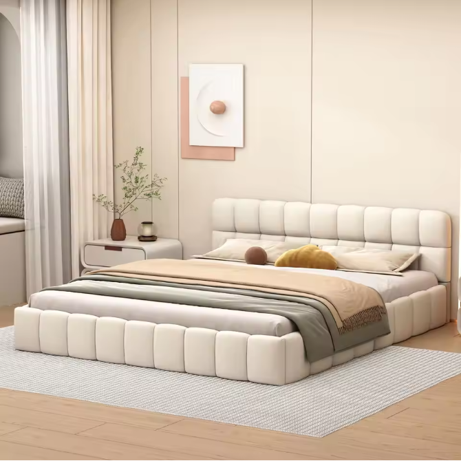 Gestoffeerd Tweepersoonsbed 140x190 cm – Linnen Bedframe met Lattenbodem en Zachte Rugleuning