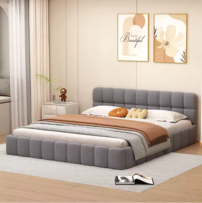 Gestoffeerd Tweepersoonsbed 140x190 cm – Linnen Bedframe met Lattenbodem en Zachte Rugleuning