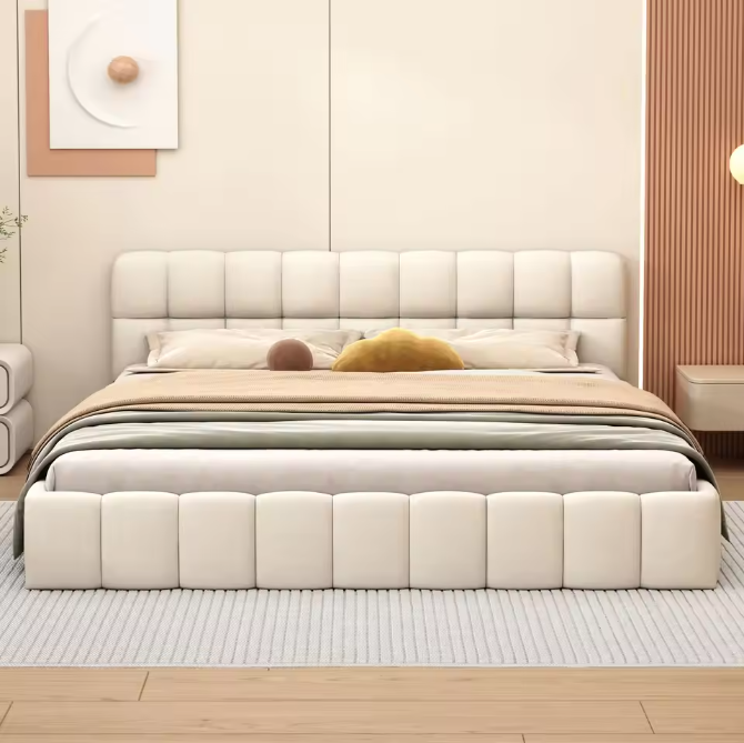 Gestoffeerd Tweepersoonsbed 140x190 cm – Linnen Bedframe met Lattenbodem en Zachte Rugleuning