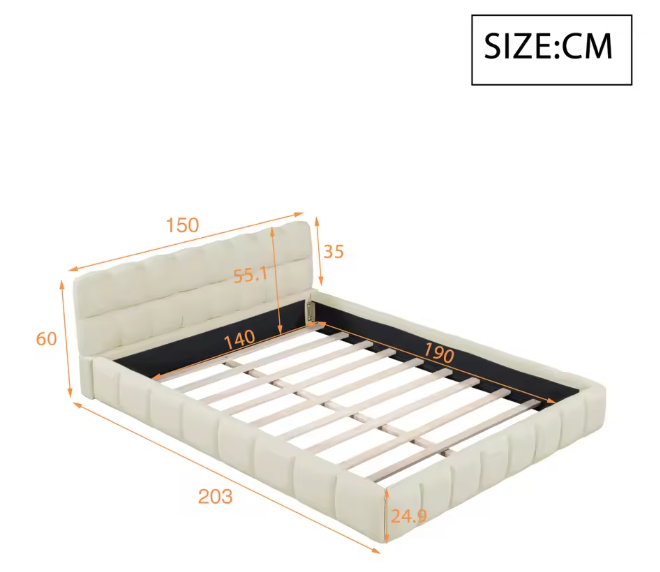 Gestoffeerd Tweepersoonsbed 140x190 cm – Linnen Bedframe met Lattenbodem en Zachte Rugleuning