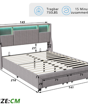 LED-gestoffeerd tweepersoonsbed met USB, 2 lades en opberghoofdeinde