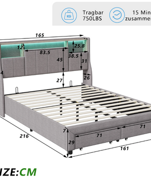 LED-gestoffeerd tweepersoonsbed met USB, 2 lades en opberghoofdeinde