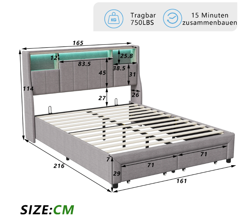 LED-gestoffeerd tweepersoonsbed met USB, 2 lades en opberghoofdeinde