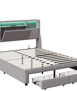 LED-gestoffeerd tweepersoonsbed met USB, 2 lades en opberghoofdeinde