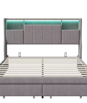 LED-gestoffeerd tweepersoonsbed met USB, 2 lades en opberghoofdeinde