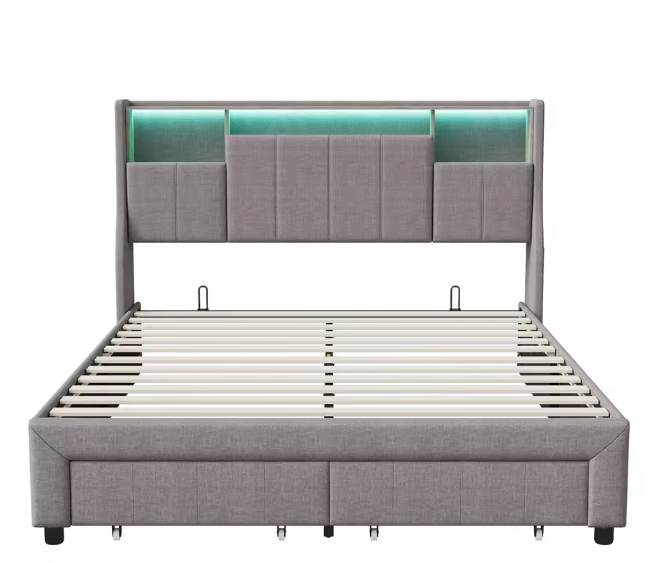 LED-gestoffeerd tweepersoonsbed met USB, 2 lades en opberghoofdeinde