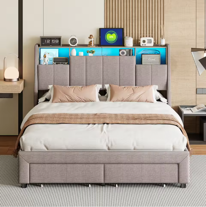 LED-gestoffeerd tweepersoonsbed met USB, 2 lades en opberghoofdeinde