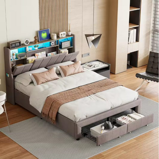 LED-gestoffeerd tweepersoonsbed met USB, 2 lades en opberghoofdeinde