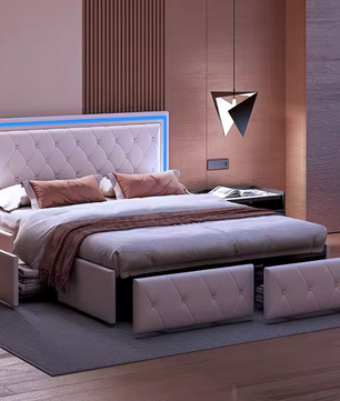 Modern kunstleren tweepersoonsbed met LED en lades – 140/160x200 cm