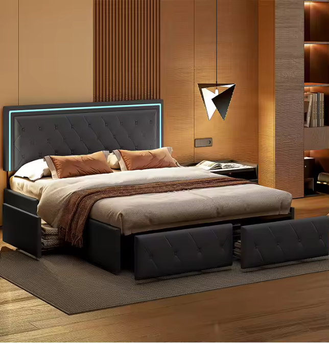 Modern kunstleren tweepersoonsbed met LED en lades – 140/160x200 cm