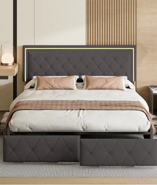 Modern kunstleren tweepersoonsbed met LED en lades – 140/160x200 cm