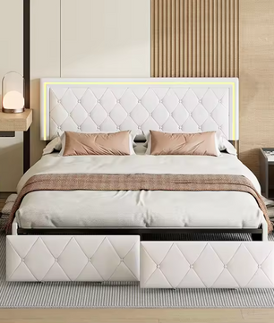 Modern kunstleren tweepersoonsbed met LED en lades – 140/160x200 cm