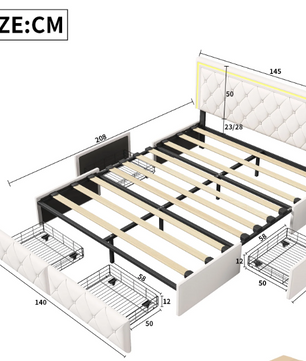 Modern kunstleren tweepersoonsbed met LED en lades – 140/160x200 cm