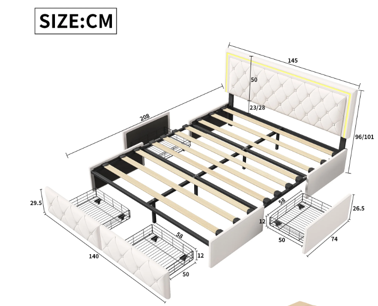 Modern kunstleren tweepersoonsbed met LED en lades – 140/160x200 cm