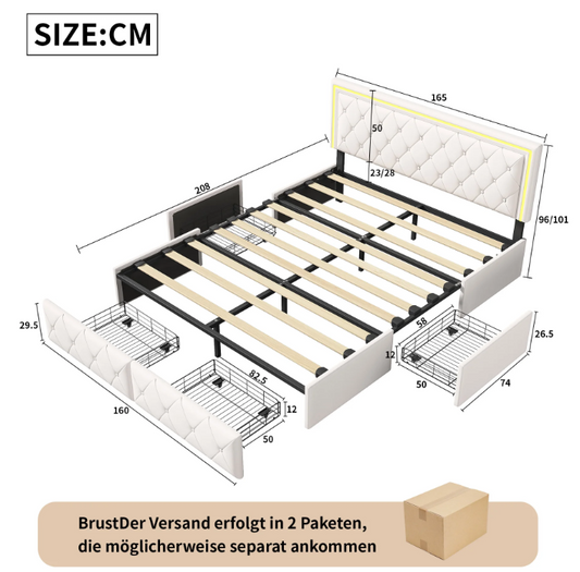 Modern kunstleren tweepersoonsbed met LED en lades – 140/160x200 cm
