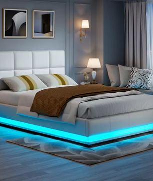 Hydraulisch tweepersoons opbergbed van kunstleer met hoofdeinde