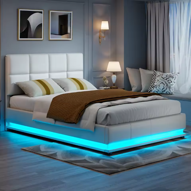 Hydraulisch tweepersoons opbergbed van kunstleer met hoofdeinde
