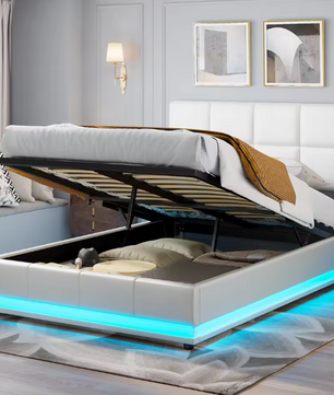 Hydraulisch tweepersoons opbergbed van kunstleer met hoofdeinde