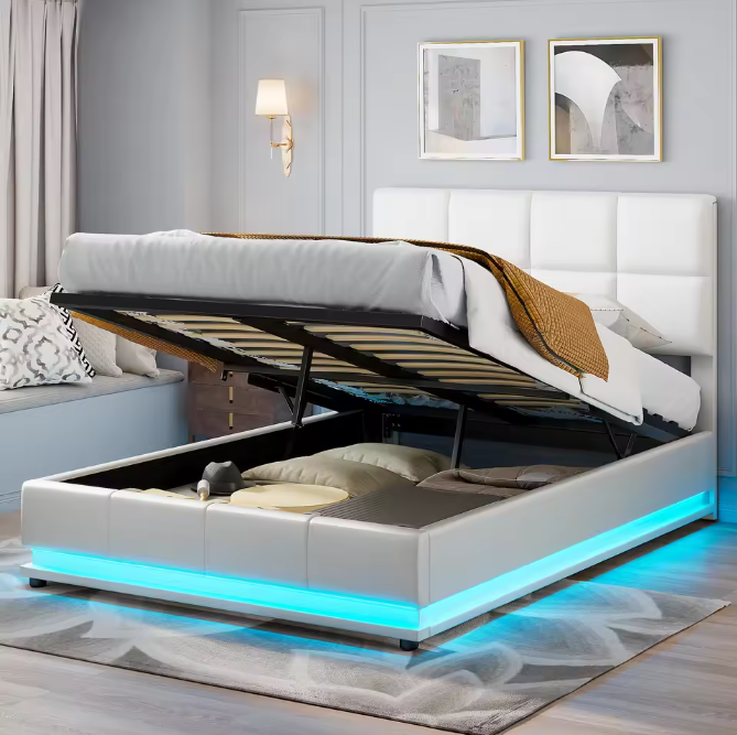 Hydraulisch tweepersoons opbergbed van kunstleer met hoofdeinde