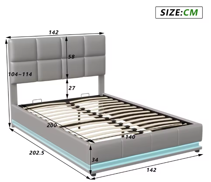 Hydraulisch tweepersoons opbergbed van kunstleer met hoofdeinde