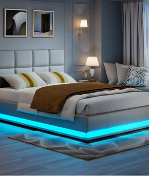 Hydraulisch tweepersoons opbergbed van kunstleer met hoofdeinde