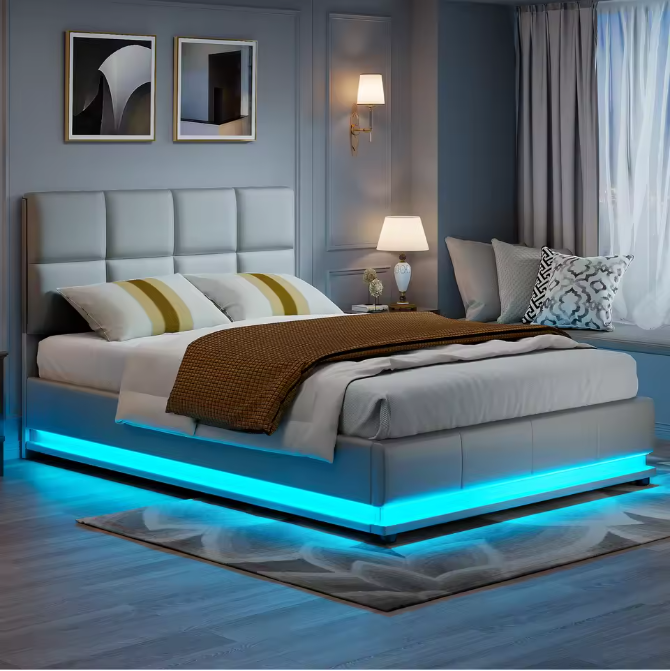 Hydraulisch tweepersoons opbergbed van kunstleer met hoofdeinde