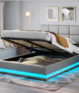 Hydraulisch tweepersoons opbergbed van kunstleer met hoofdeinde